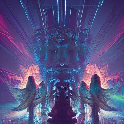 Image similar to seven angels come forth and receive seven bowls full of the wrath of god, smoke fills the temple so that no one can enter till the plagues of the seven angels have been complete, cyberpunk art by android jones, by beeple, darksynth, synthwave, quantum tracerwave