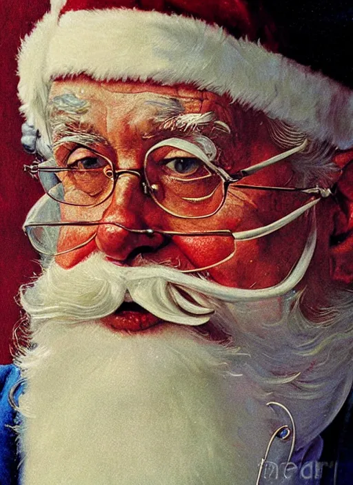 Image similar to high quality high detail painting by norman rockwell, hd, close up portrait, santa clause, muted pastel colors, photorealistic lighting