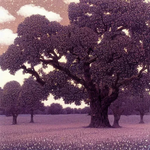 Prompt: an old oak tree in a meadow. night time. deep blue - purple night sky with stars and wispy clouds. chris van allsburg, thomas kinkade, maxfield parrish