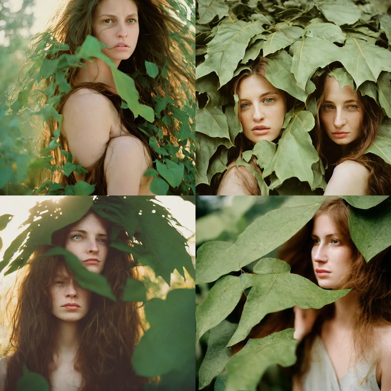 Prompt: An analog head and shoulder portrait photography of a woman behind multiple big leaves by Annie Leibovitz. Long hair. Kodak Portra 800 film. Depth of field. whirl bokeh. Sunshine. detailed. hq. realistic. warm light. muted colors. Moody. Filmic. Dreamy. lens flare. Leica M9, f/1.2, symmetrical balance, in-frame