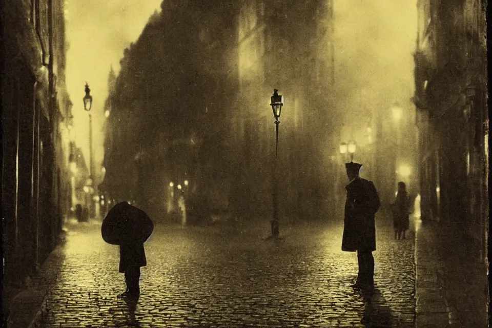 Image similar to wet plate photograph, august strindberg waking alone at night along cobblestone street in vienna, night time, alone, lamplight, victorian era, depth of field, very detailed, fog, highly accurate, intricate