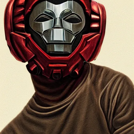 Image similar to portrait of mf doom, dr. doom metal steel mask, dark skin underneath. red t - shirt, beige complex background, intricate, elegant, highly detailed, digital painting, artstation, concept art, smooth, sharp focus, illustration, by anato finnstark, boissb - blanca. j, cindy avelino, clint cearley, anna podedworna