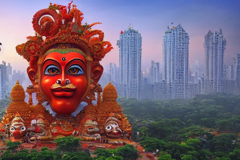 Image similar to high quality 3 d dreamscape! biomorphic hanuman head building in the middle of mumbai!!, kalighat highly detailed, cinematic smooth, stephen shore & john j. park, soft morning light, wide shot, high angle, uhd 8 k, deep focus