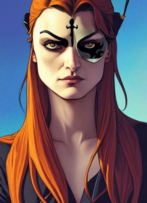 Prompt: Rafeal Albuquerque comic art, Joshua Middleton comic art, pretty female Phoebe Tonkin, pirate, eye patch over one eye, evil smile, symmetrical face, symmetrical eyes, pirate clothing, long wavy brown hair, full body:: sunny weather::