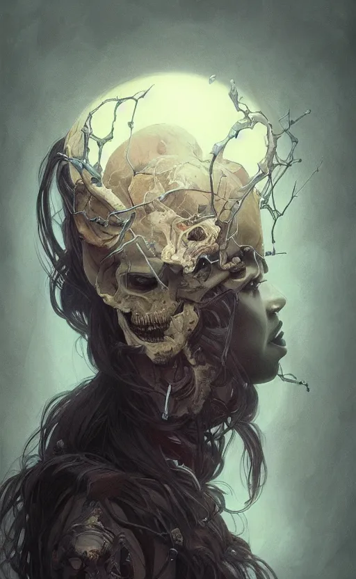 Image similar to portrait of a dark girl with skull poking through , surreal, intricate, headshot, highly detailed, digital painting, artstation, concept art, cinematic lighting, illustration, art by artgerm and greg rutkowski, alphonse mucha, cgsociety, science fiction