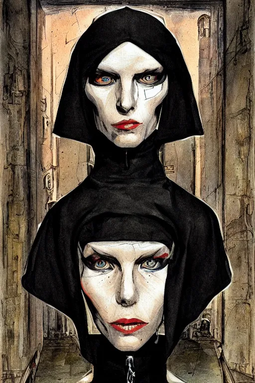 Image similar to portrait fashion model cyborg nun artwork by enki bilal