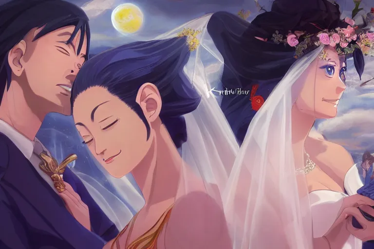 Image similar to a cinematic portrait of wedding photograph jpeg close up moment of a divine a japan sun god and moon goddess lovers magician at a wedding banquet. portraiture. digital painting. artstation. concept art. wedding photo. digital painting. naruto the movie art masterpiece by art by krenz cushart