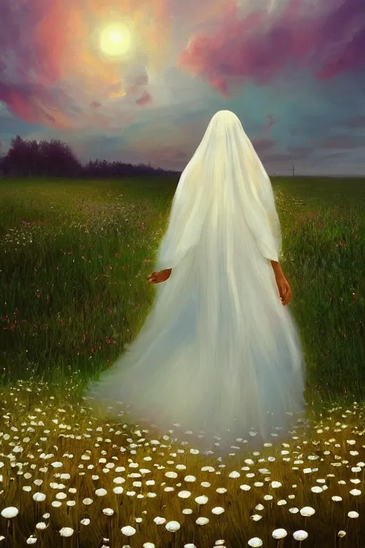 Prompt: giant white daisy flower on head, veiled girl walking in a flower field, surreal photography, sunrise, dramatic light, impressionist painting, colorful clouds, digital painting, artstation, simon stalenhag