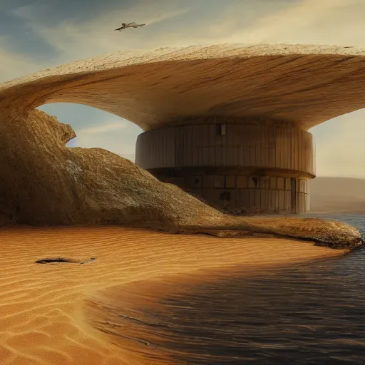 Prompt: sci - fi round building next to the sea pumping gushing water into a parched desert, river with trees, a sense of hope, hyper realistic, high res, 4 k, edouard groult, bynde, kirill leonov, isaac zuren