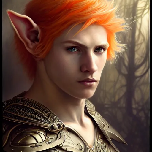 Image similar to portrait painting of an elven male teen with short light orange hair and tribal tattoos on his face wearing fur armor, ultra realistic, concept art, intricate details, eerie, highly detailed, photorealistic, octane render, 8 k, unreal engine. art by artgerm and greg rutkowski and charlie bowater and magali villeneuve and alphonse mucha