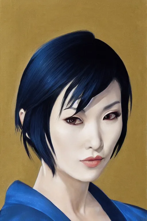 Image similar to hyperrealism close - portrait of ada wong, wearing silver silk robe, blue palette