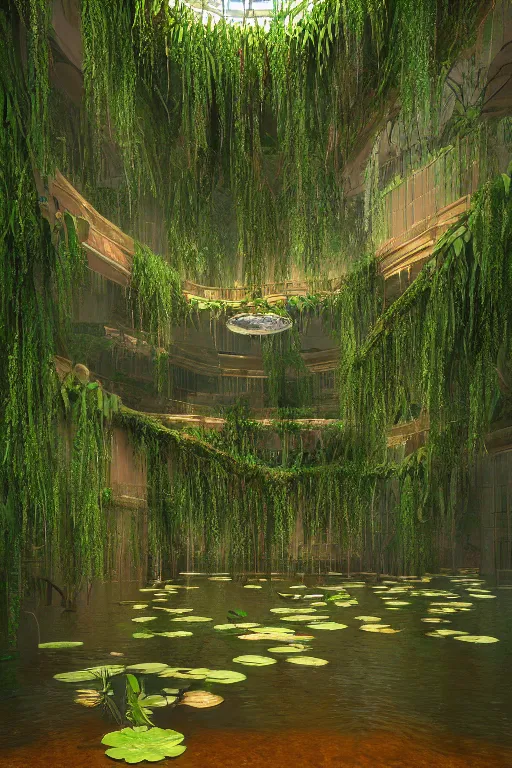 Image similar to A beautiful overgrown office interior flooded with crystal clear water, lily pads, thick and rich vines on the walls, tall ceiling, digital art, trending on Artstation