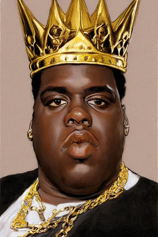 Image similar to portrait of rapper biggie smalls with kings crown and royal outfit, european, modern art, eclectic art, gold and colorful, illustration, by ramon casas