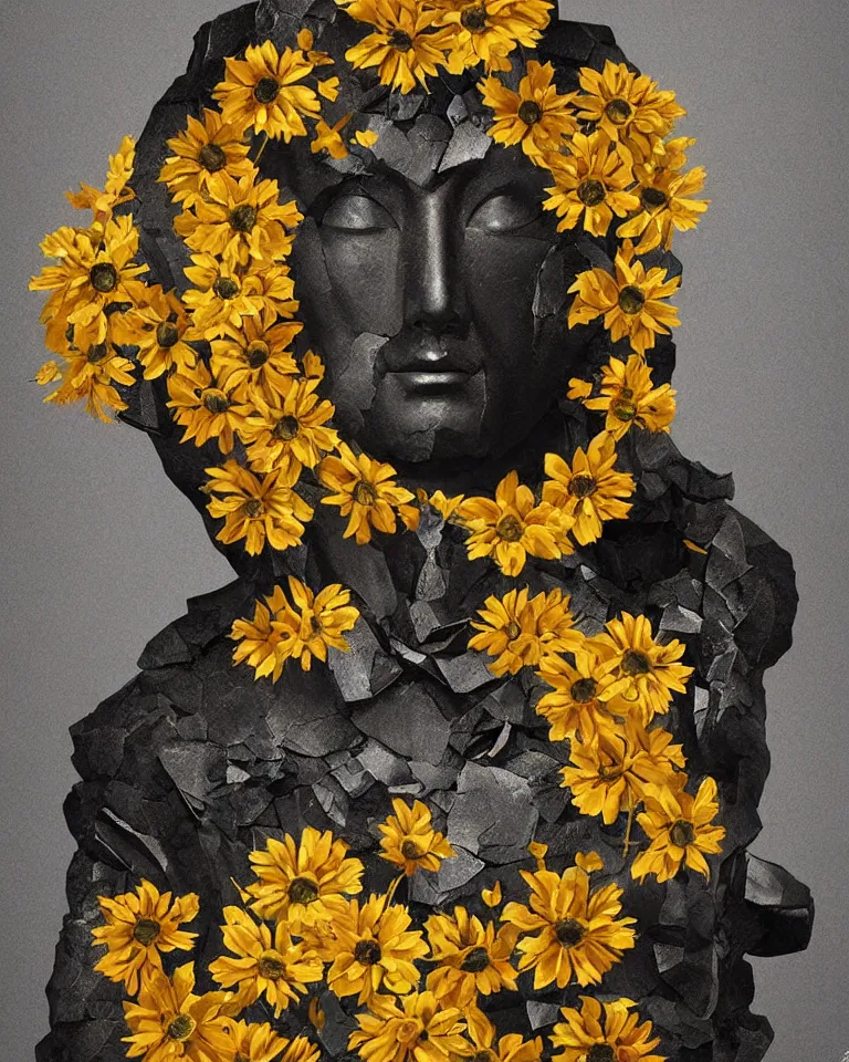 Prompt: symmetrical painting of a fractured obsidian east - asian statue of helianthus and tropaeolum fixed with kintsugi, rendered in octane trending on cgsociety. extremely detailed and intricate art