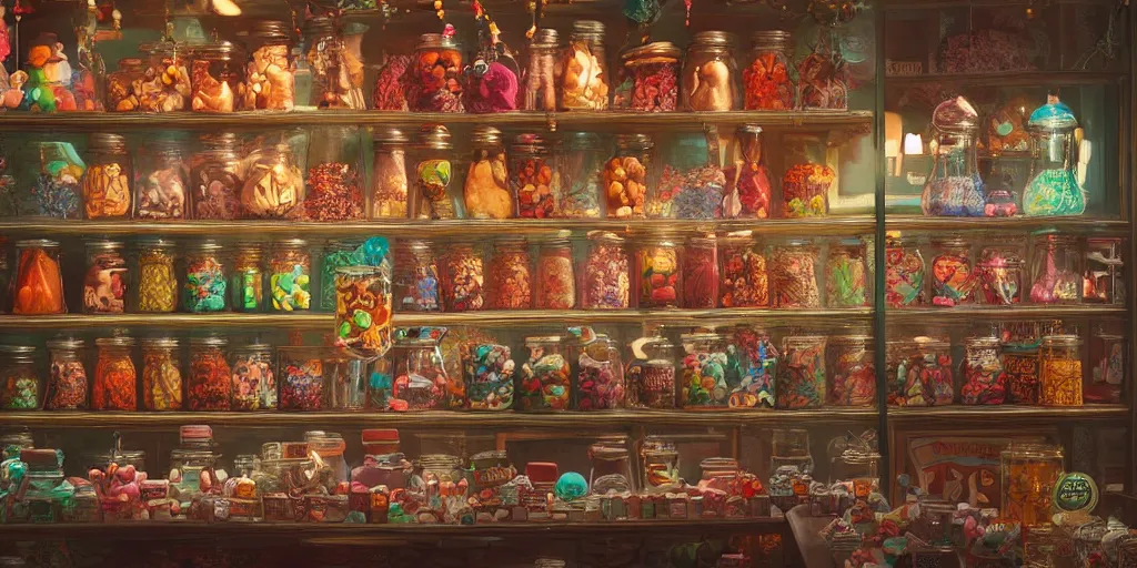 Prompt: Inside an old magical sweet shop, large jars on shelves, beautiful labels, fantasy vendor interior, wide angle, cinematic, highly detailed, rich bright colors, trending on artstation, trending on cgsociety
