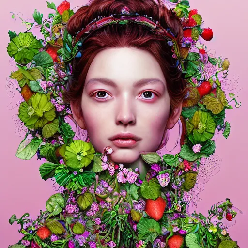 Image similar to the portrait of an absurdly beautiful, graceful, elegant, sophisticated woman made of strawberries and green petals, an ultrafine hyperdetailed illustration by kim jung gi, irakli nadar, proportions, intricate linework, bright colors, octopath traveler, final fantasy, unreal engine 5 highly rendered, global illumination, radiant light, detailed and intricate environment