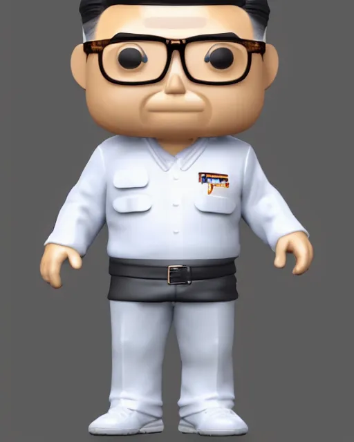 Image similar to full body 3d render of kim yong-un as a funko pop, studio lighting, white background, blender, trending on artstation, 8k, highly detailed