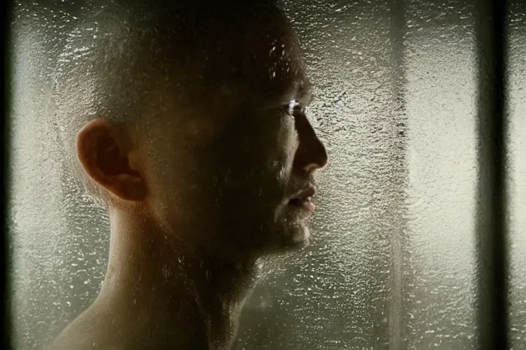 Prompt: a cinematic painting of an alien inside of jail cell looking out of a small rainy window, beautiful lighting, high depth, ultra realistic, artistic, by annie leibovitz and zack snyder