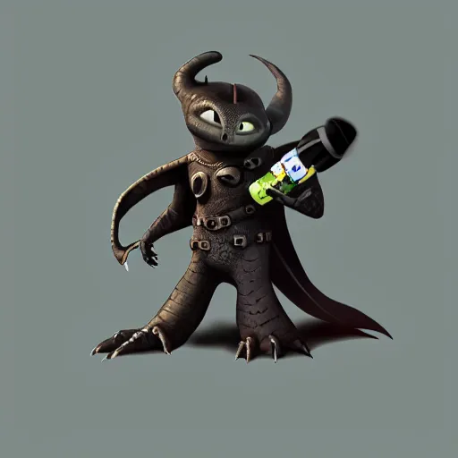 Prompt: “ creature in the style of how to train your dragon holding laser gun, floating alone, with a black background, digital art, award winning, trending on art station, retro style ”