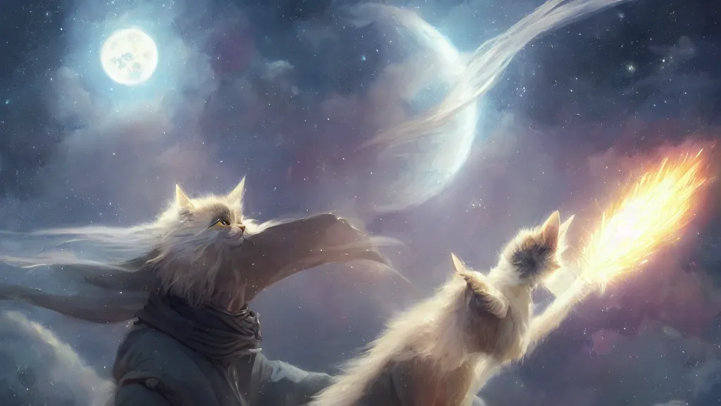 Image similar to a single cartoonish kitten dressed as Gandalf floating in space, bright stars, anime, a fantasy digital painting by Greg Rutkowski and James Gurney, trending on Artstation, highly detailed