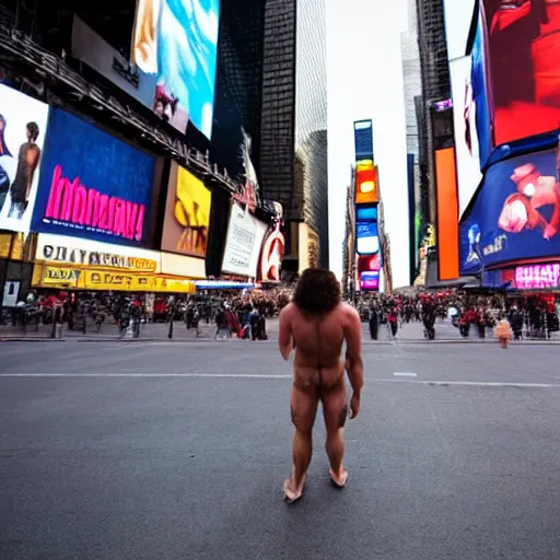 Image similar to a confused looking caveman in the middle of times square, high quality, high resolution