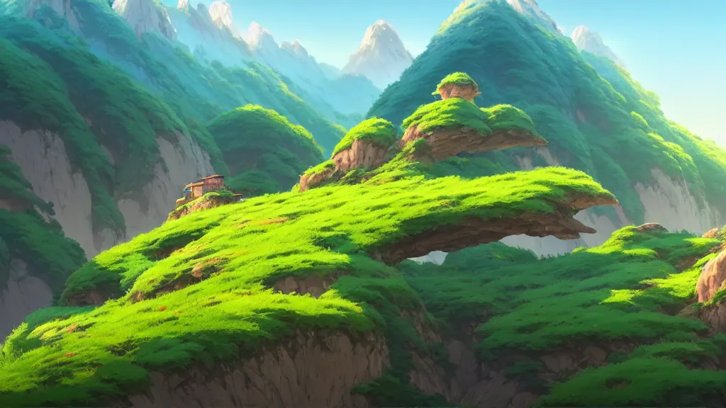 Image similar to mountainside landscape, studio ghibli, pixar and disney animation, sharp, rendered in unreal engine 5, highly detailed, digital painting, artstation, concept art, smooth, sharp focus, illustration, wide angle, artbook, wallpaper, splash art, promo art, dramatic lighting, art by artgerm and greg rutkowski and bo chen and jin xiaodi