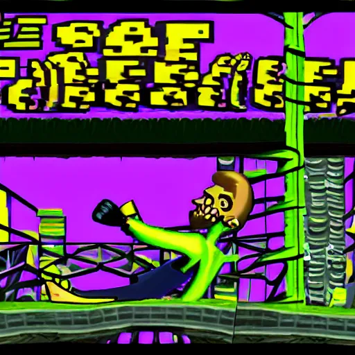 Image similar to character screenshot of ufc fighter sean o'malley in psychonauts, ps 2 platform game, dream world, sd video, cutscene, colorful hair, designed by scott campbell