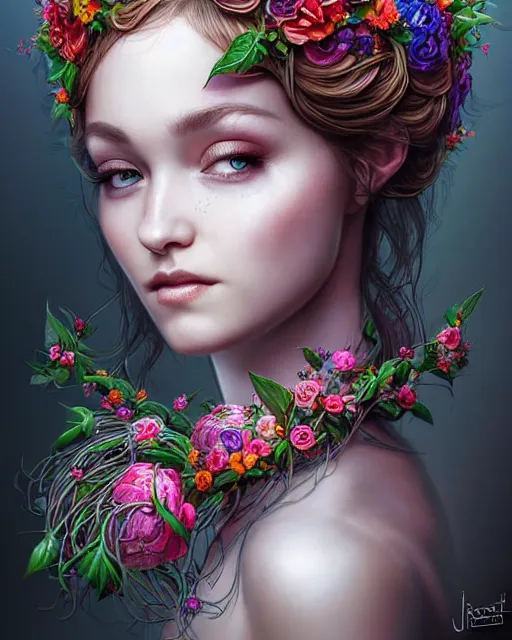 Image similar to digital art, centered head of elven bride with short hair, vivid flower crown ,body made with intricate roots, by James Jean and by artgerm, by ross tran , ultradetailed, charachter design, concept art, trending on artstation,