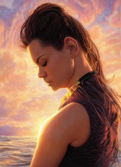 Image similar to Mila Kunis wearing black choker, epic portrait of a very strong muscled Amazon heroine, sun beams across sky, pink golden hour, stormy coast, intricate, elegance, highly detailed, shallow depth of field, epic vista, concept art, art by Artgerm and Donato Giancola, Joseph Christian Leyendecker