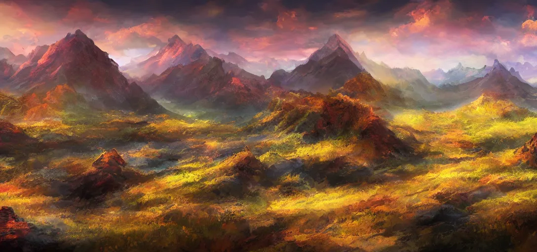 Image similar to vast mountain landscape, craggy mountains, magic the gathering, three - colors, three - color color palette, panoramic, wide angle, horizon, highly detailed