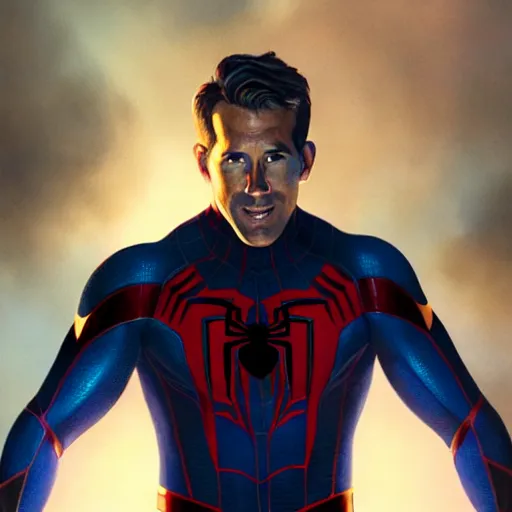 Image similar to ryan reynolds as spider - man, wearing a black and blue suit, cinematic, volumetric lighting, f 8 aperture, cinematic eastman 5 3 8 4 film, photorealistic by greg rutkowski, by stanley artgerm, by alphonse mucha