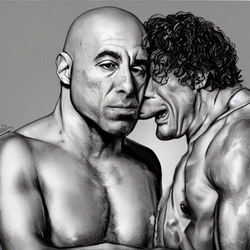 Image similar to Joe Rogan and Howard Stern kissing, intricate, highly detailed, concept art, smooth, sharp focus, illustration, medium shot, mid-shot