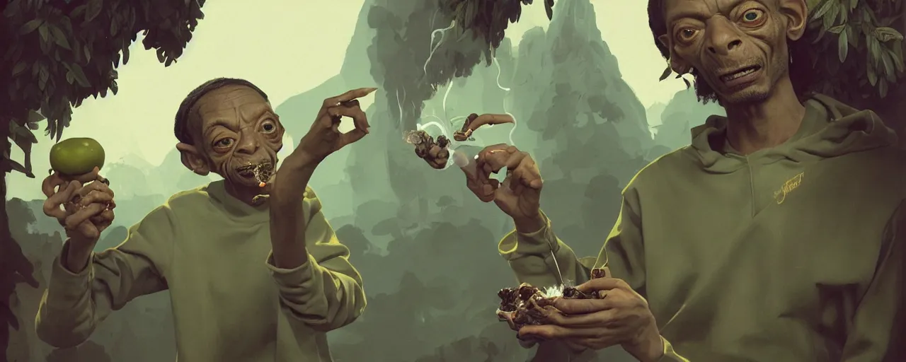 Image similar to duotone olive illustration 3 / 4 portrait of gollum smoking joints with snoop dogg composition accidental renaissance golden ratio. by sachin teng and sergey kolesov and ruan jia and heng z. graffiti art, scifi, fantasy, hyper detailed. octane render. concept art. trending on artstation