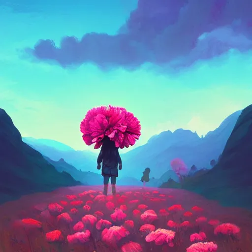 Image similar to giant carnation flower as a head, girl hiking in the mountains, surreal photography, sunrise, dramatic light, impressionist painting, colorful clouds, digital painting, artstation, simon stalenhag