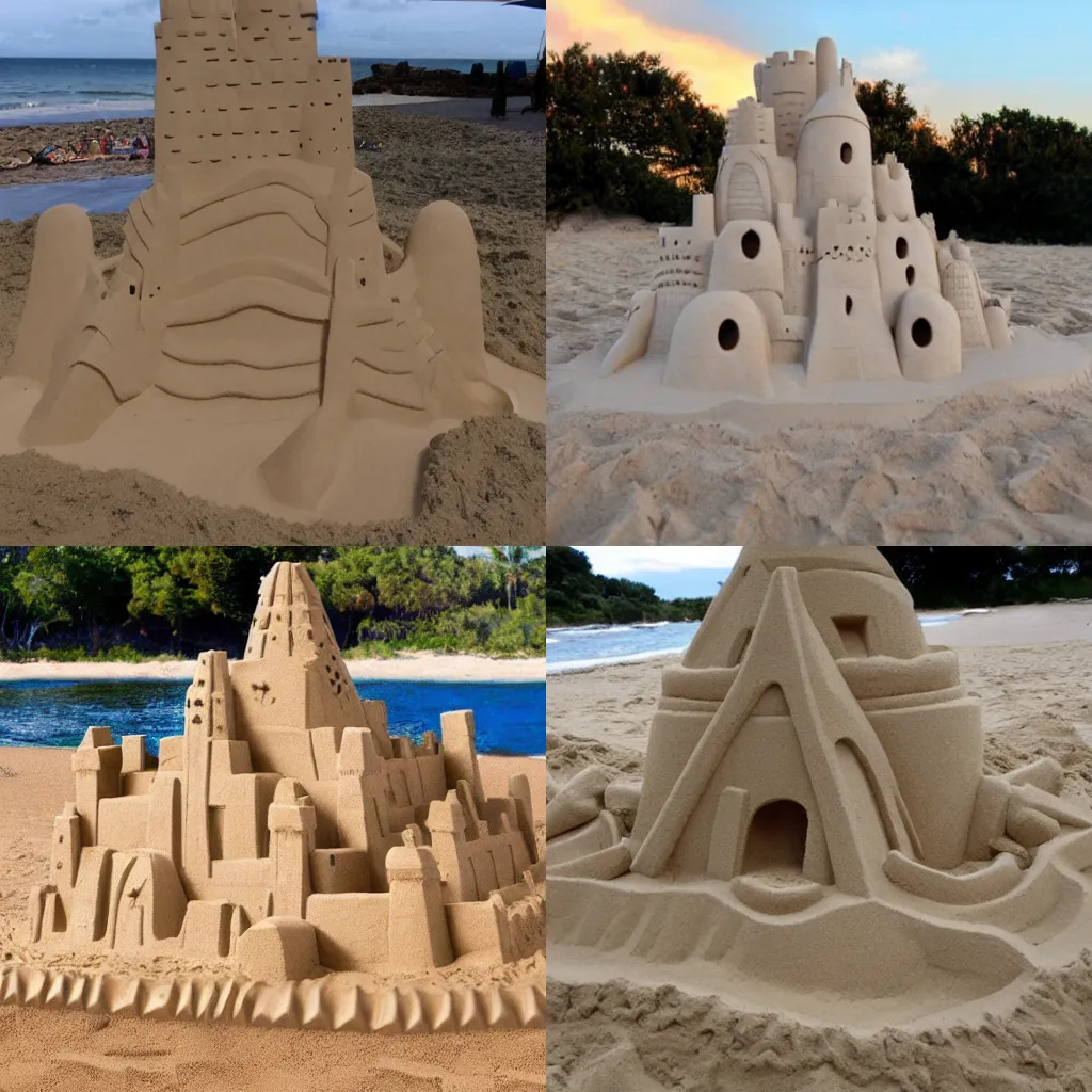 Prompt: sand castle in the shape of a spider beach