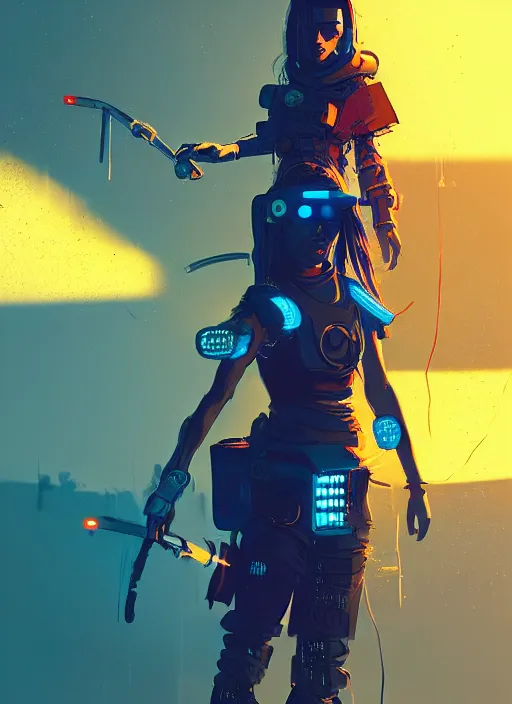 Image similar to tia carrera as cyberpunk samurai, golden and blue hour, by ismail inceoglu
