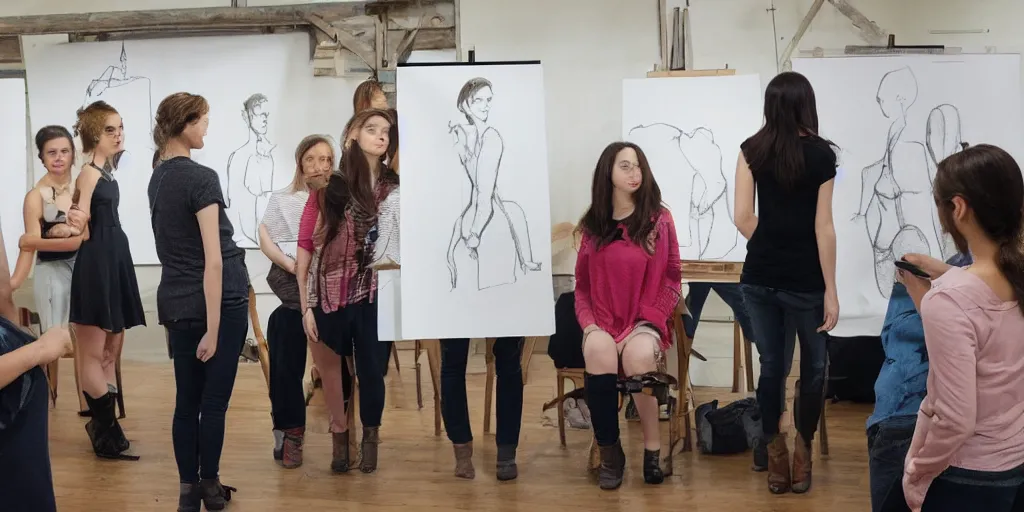 Prompt: posing for a drawing class, group looking at model, evocative, beautiful, pretty, scene