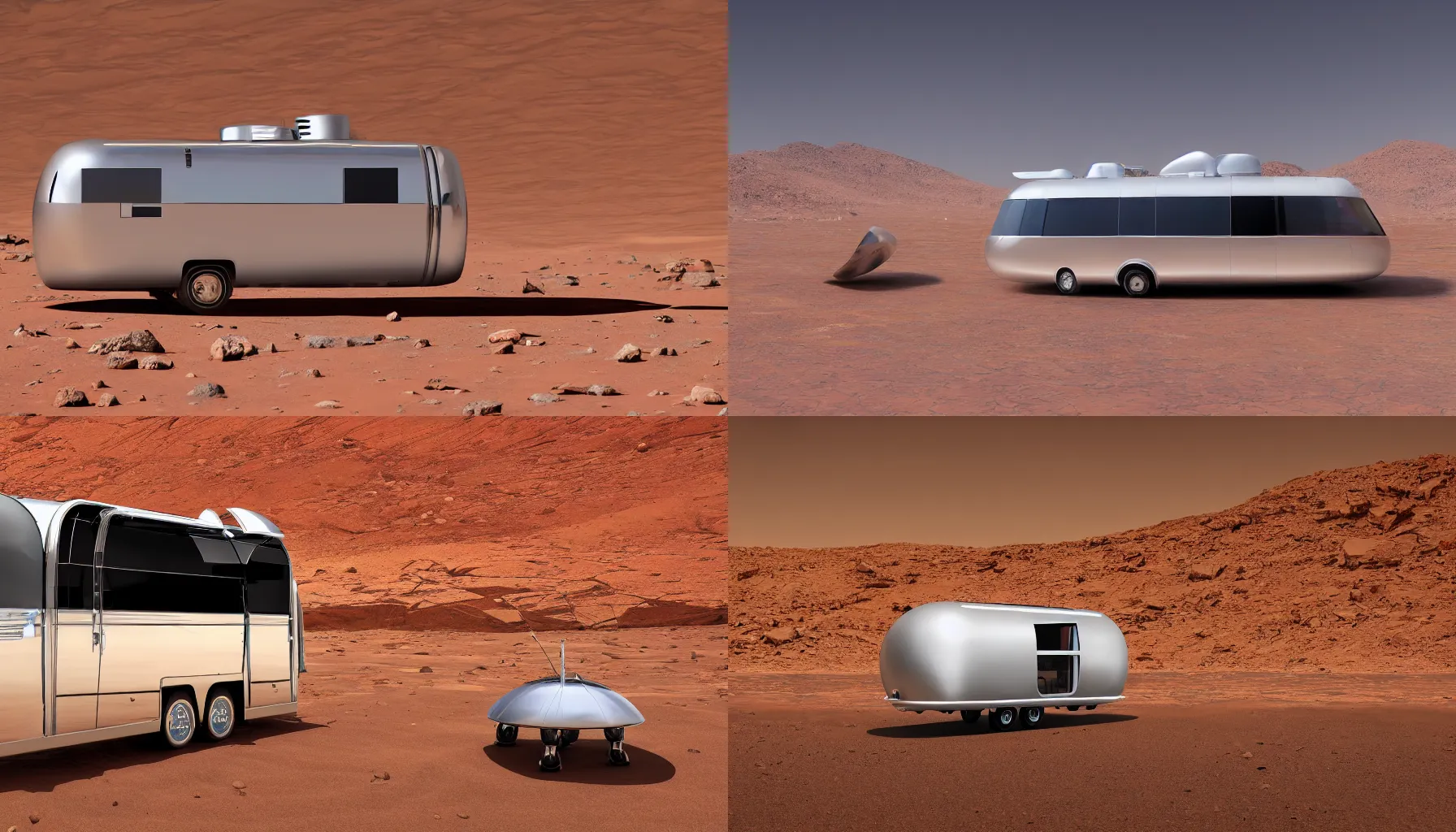 Prompt: professional photograph of a beautiful futuristic chrome Winnebago designed by Buckminster Fuller in a picturesque desert on Mars. The Winnebago is floating, and has no wheels. Astronauts are standing nearby, racking focus, depth of field, extreme panoramic, Dynamic Range, HDR, chromatic aberration, Orton effect intricate, elegant, highly detailed, artstation