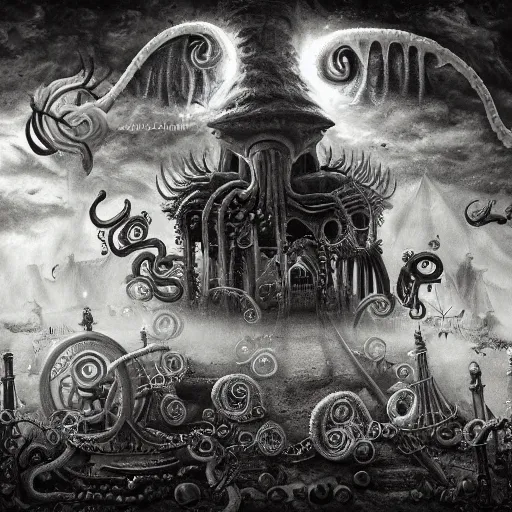 Image similar to ultra realist soft painting of a curiosities carnival by night in loveraftian universe, horror, omnious sky, deep fog, lurking tentacle, symmetry accurate features, very intricate details, black and white, volumetric light clouds