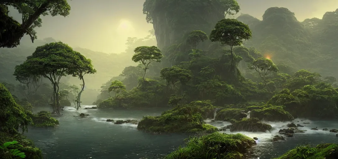 Prompt: beautiful render of an island world, overgrown temple, unreal engine, first light, jungle, rivers, bridges, rainforest, vines, trees, rocky outcroppings, ocean, serene sunsets, soft light, by greg rutkowski, cgsociety
