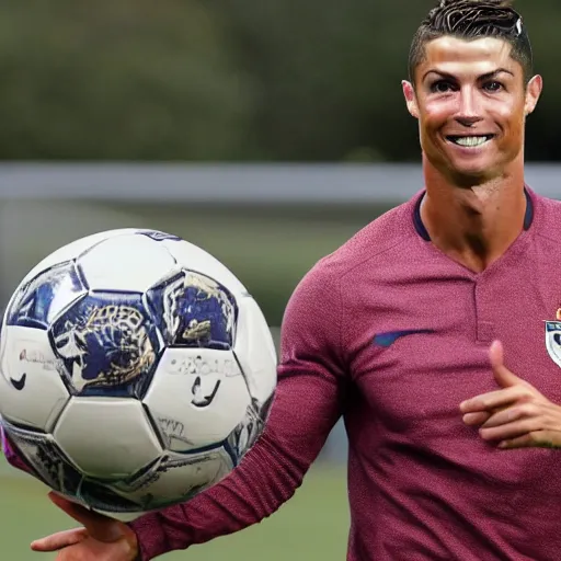 Prompt: cristiano ronaldo bringing his priceless soccer ball to the antiques roadshow,