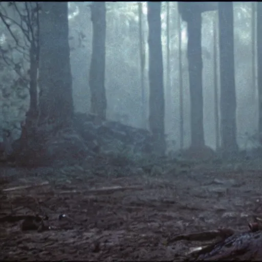 Prompt: a forest, in the background there is a young man wearing red clothes. still from blade runner.