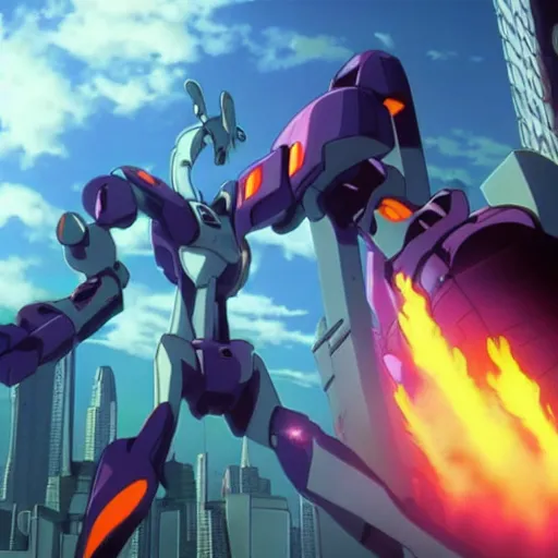 Image similar to giant evangelion robot destroying a futuristic city, anime