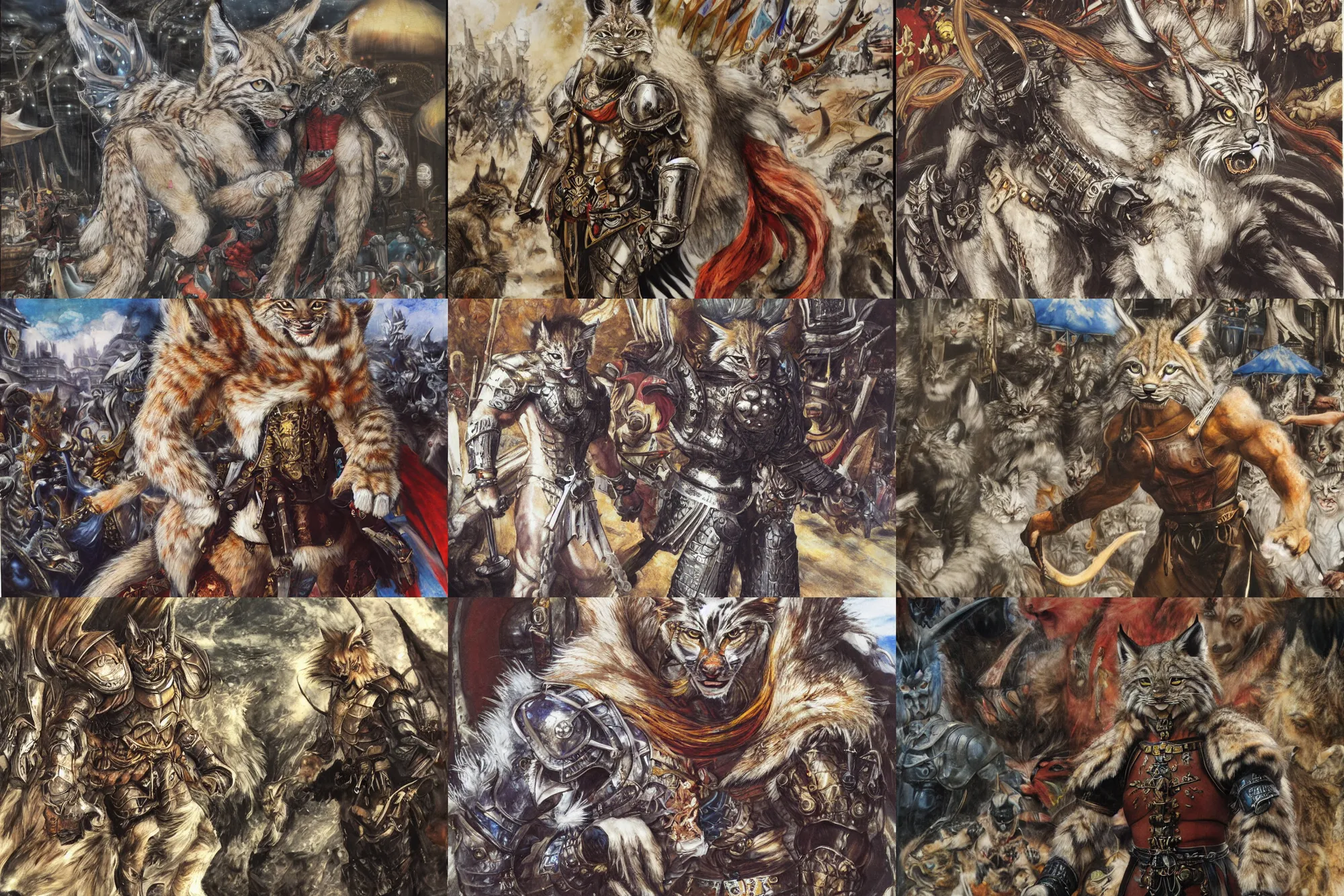 Image similar to 8k Yoshitaka Amano painting of upper body of a young cool looking lynx beast-man with white mane at a medieval market at windy day. Depth of field. He is wearing complex fantasy armors. He has huge paws. Renaissance style lighting.