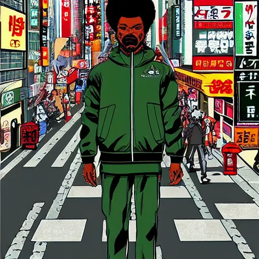 Prompt: black man with afro hair, stubble, wearing an adidas army green jacket, in the streets of tokyo, akira style, by katsuhiro otomo, anime