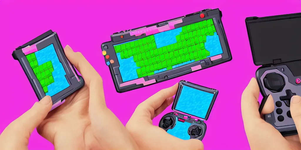 Image similar to handheld game console, hotpink, playing pocket monster game, pixel art