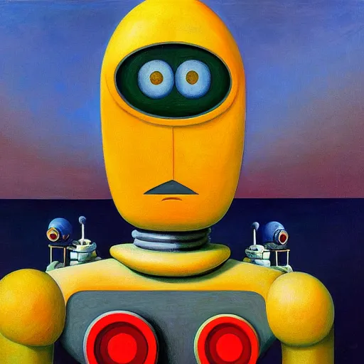 Image similar to biomorphic robot with kind eyes portrait, lowbrow, pj crook, grant wood, edward hopper, oil on canvas