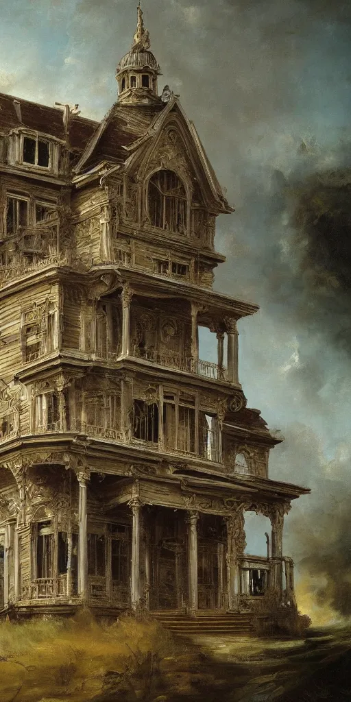 Image similar to detailed baroque oil painting of a singular dilapidated victorian house made of pipe organ parts, style of goya and fritz lang and alan lee, trending on artstation