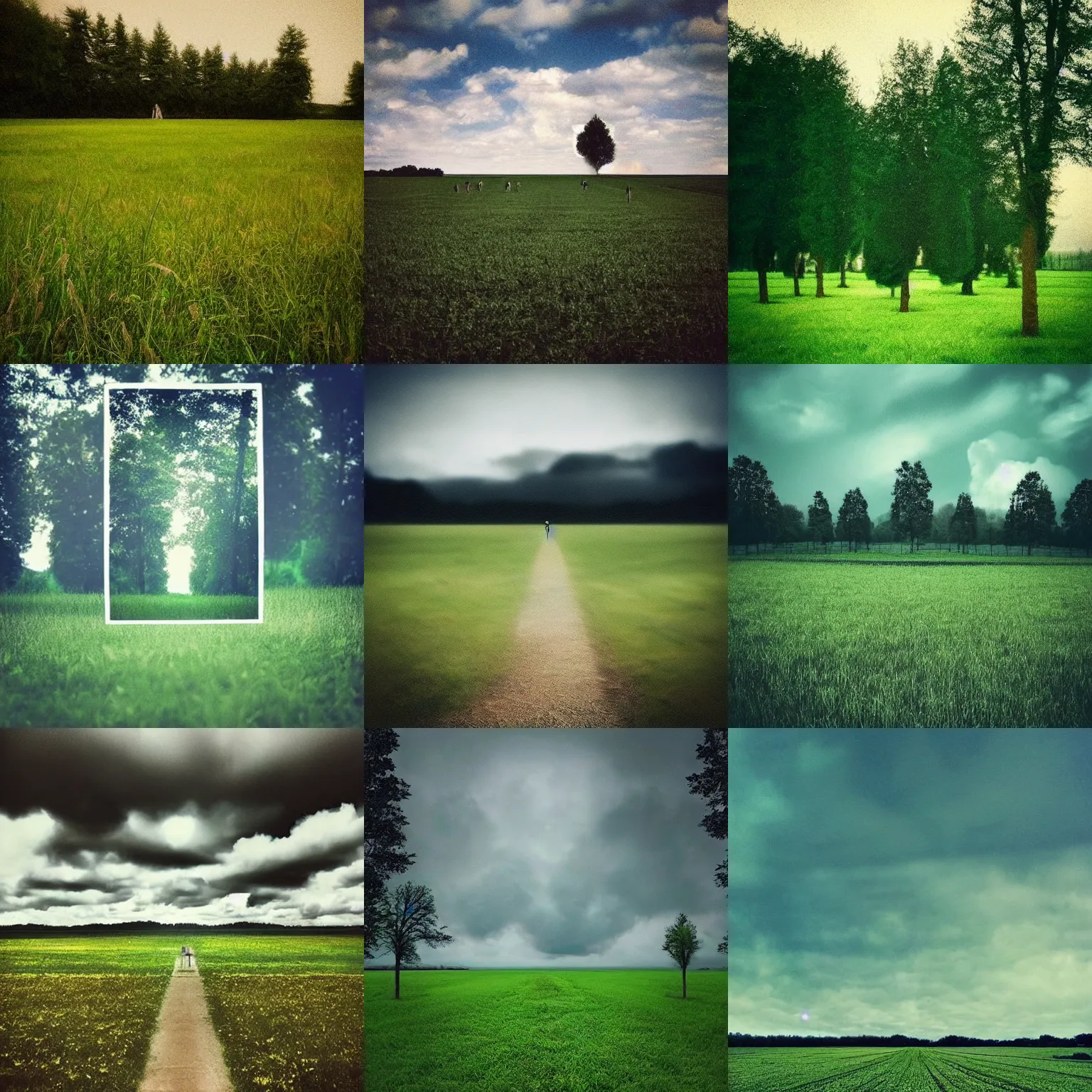 Prompt: a bunch a tall mirrors in a green field, photorealistic instagram post, ominous, dreamy, liminal