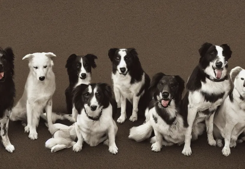 Prompt: portrait of a group of pensive, studious dogs sit together in a circle, high resolution photograph